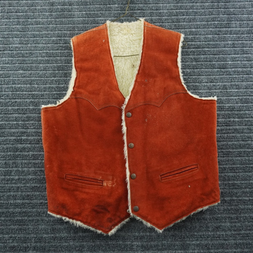 Vintage 50s Suede Western Vest Mens Large Burnt Orange Faux Shearling Lined